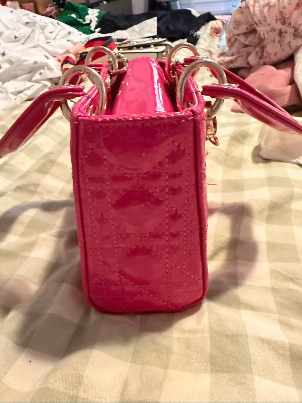 Designer inspired Hot Pink Patent Quilted Top-Handle Crossbody Bag - Picture 3 of 4